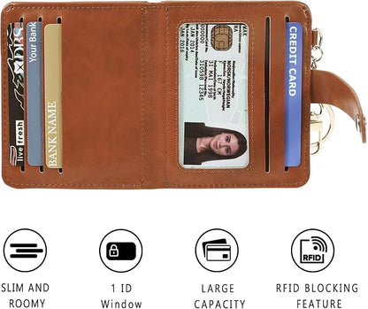 Airkit Small Wallets Woman RFID Blocking Leather Credit Card Holder - with ID Window - Card Wallets for Women - with Zipper Coin Purse - Keychain Wallet