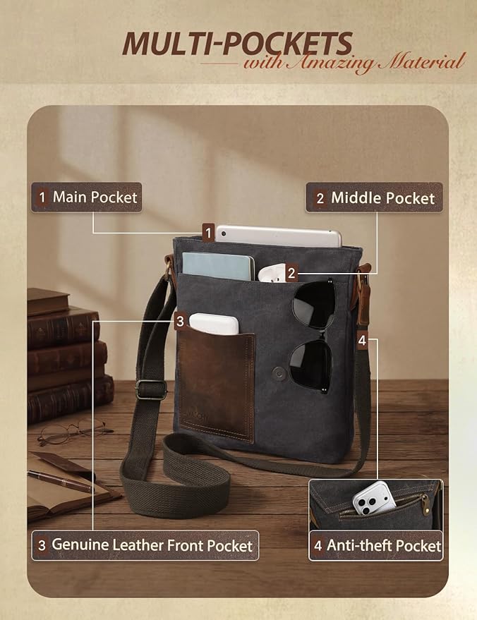 VASCHY Small Messenger Bag, Vintage Canvas Leather Lightweight Crossbody Bag