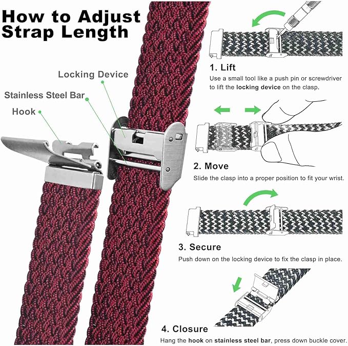 WOCCI 20mm Braided Nylon Watch Band for Men and Women, Quick Release, Silver Stainless Steel Buckle (Red Black)