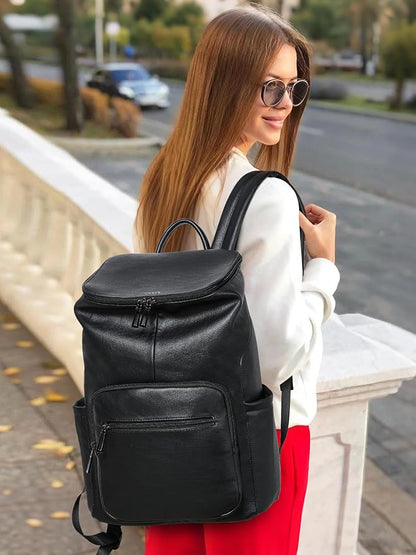 Leather Laptop Backpack for Women, 15.6 Inch Travel Backpack with Laptop Compartment, Casual Daypack Fashion Travel Backpack Purse for Travel College Work, Black