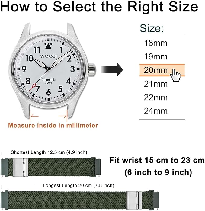 WOCCI 24mm Braided Nylon Watch Band for Men and Women, Quick Release, Silver Stainless Steel Buckle (Khaki Green)