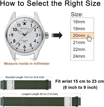 WOCCI 24mm Braided Nylon Watch Band for Men and Women, Quick Release, Silver Stainless Steel Buckle (Khaki Green)