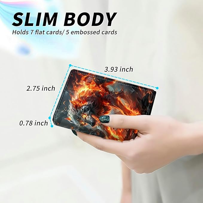 Flaming Wolf Minimalist Wallet for Men, Pop Up Card Case Wallet for Women, PU Leather Automatic Credit Card Holder Metal Money Clip Wallet RFID Blocking Bifold Pocket Wallet
