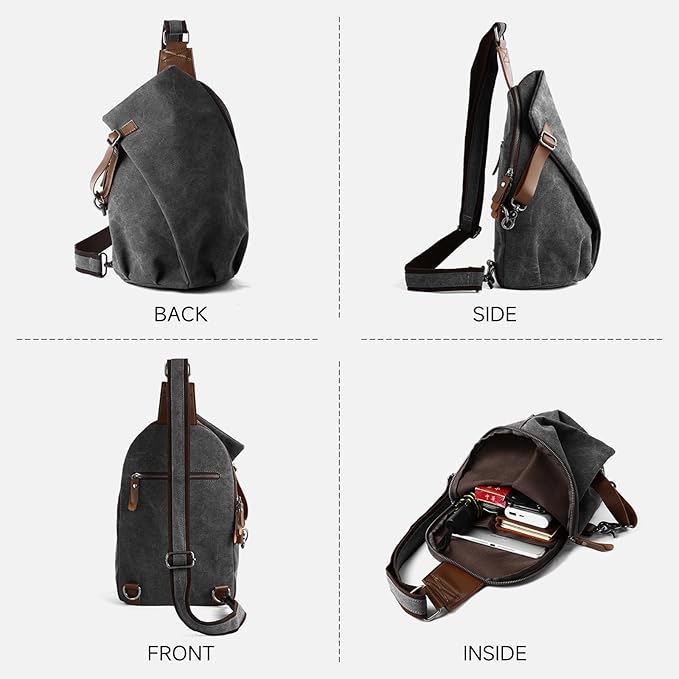 MOYYI Canvas Sling Bag for Men Women, 10L Crossbody Bag Small Backpack, Casual Daypack with Anti-Theft Pocket, Vintage Canvas Shoulder Bags for Travel, Daily, Hiking, Work (Grey)