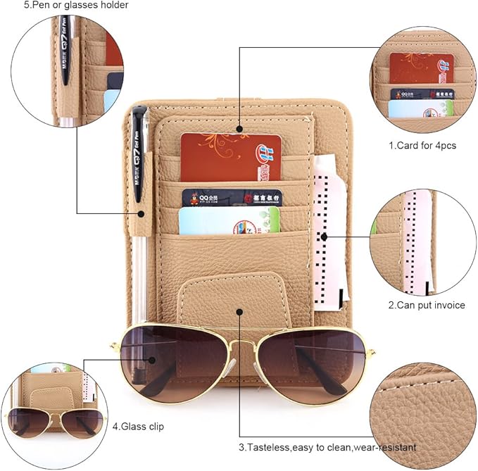 Multi-function Car Sun Visor Organizer Card Storage Glasses Holder Clip Pouch Bag Hanging Holder PU Leather(Beige)