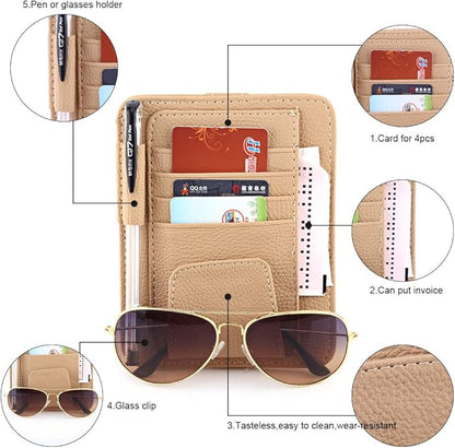 Multi-function Car Sun Visor Organizer Card Storage Glasses Holder Clip Pouch Bag Hanging Holder PU Leather(Beige)