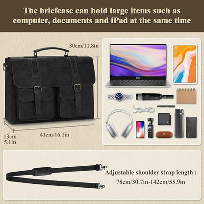Leather Messenger Bag for Men 15.6 Inch Vintage Laptop Bag Waterproof Briefcases for Men Computer Bag Satchel for Work/Office