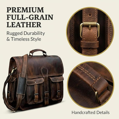 cuero Leather Messenger Bag for Men, 14 Inch Laptop Bag, Crossbody Bag Men, Vintage Handmade Leather Satchel Bag Full Grain Business Briefcase Shoulder Bag for Office/Work/Travel - Brown