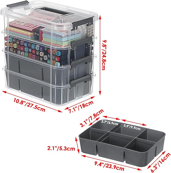 JUXYES 4-Tiers Stack Carry Storage Box With 2 Divided Tray, Transparent Stackable Storage Bin With Handle Lid Latching Storage Container for School & Office Supplies, Gray