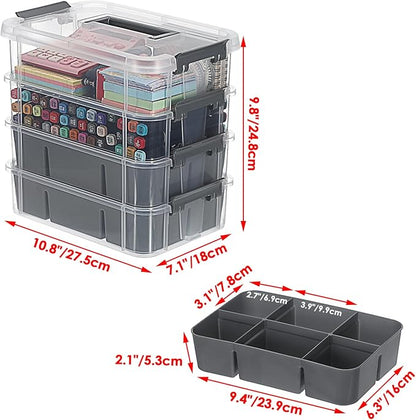 JUXYES 4-Tiers Stack Carry Storage Box With 2 Divided Tray, Transparent Stackable Storage Bin With Handle Lid Latching Storage Container for School & Office Supplies, Gray