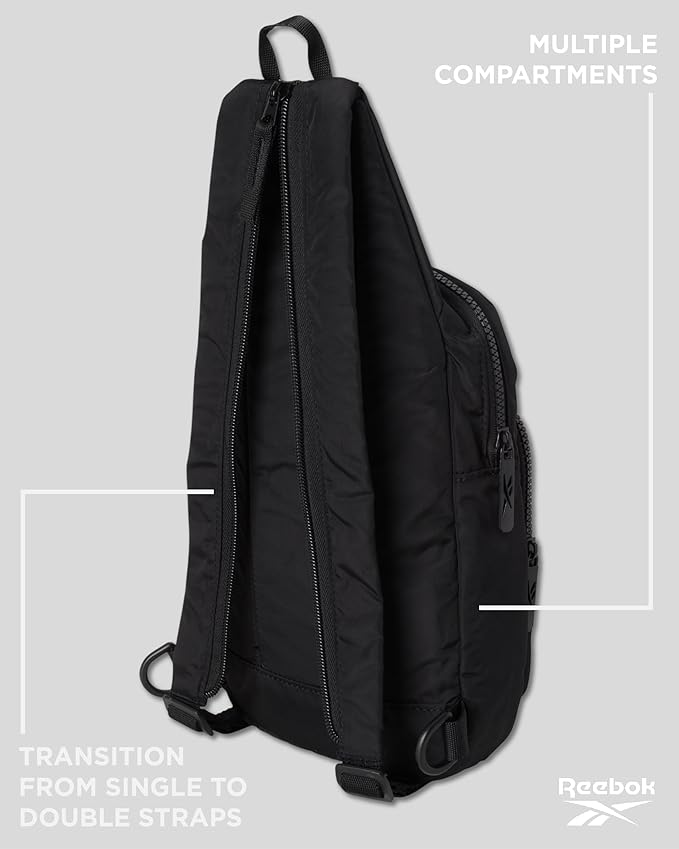 Reebok Unisex Crossbody Sling Bags – Compact Convertible Strap Cross Body Bag Travel Sling Bag - Gym & Travel Essential, Cosmos Black With White Logo
