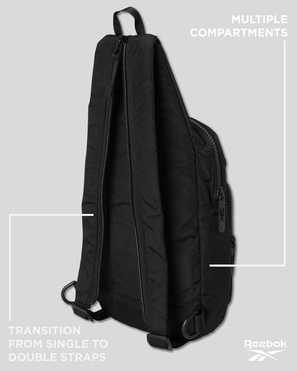 Reebok Unisex Crossbody Sling Bags – Compact Convertible Strap Cross Body Bag Travel Sling Bag - Gym & Travel Essential, Cosmos Black With White Logo