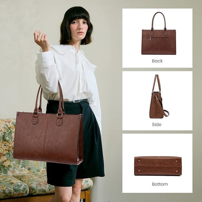 LOVEVOOK Laptop Tote Bag for Women, 15.6 Inch Large Capacity Vintage Leather Work Computer Bag, Business Casual Shoulder Handbag, Chestnut Brown