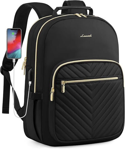 LOVEVOOK Laptop Backpack for Women, Travel Computer Work Bags with 17-inch Laptop Compartment, College School Student Bag Teen Backpacks For Girls, Hiking Outdoor Carry On Backpack Purse, Black