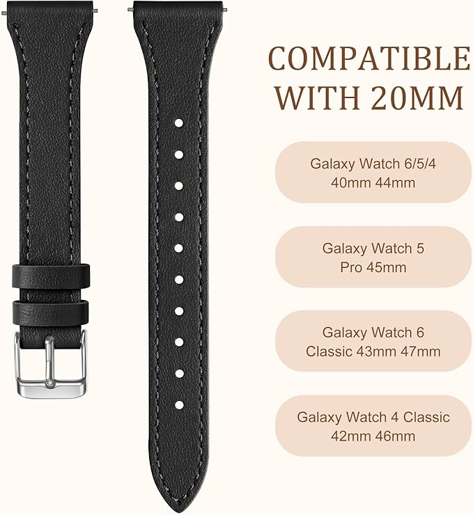 GEAK Slim Leather Band Compatible with Galaxy Watch 7 Band/6 5 4 FE 40mm 44mm/5 pro 45mm/Classic/Galaxy Active 2, 20mm Genuine Leather Strap with Quick Release Buckle for Samsung Watch Bands Women