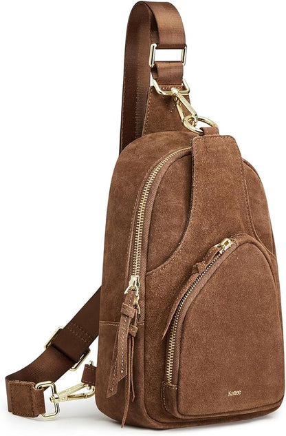 Kattee Sling Bag for Women, Genuine Suede Leather Fanny Packs Crossbody Purse, Small Chest Bag with RFID Blocking, Coffee