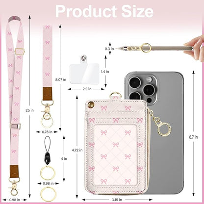 Pink Bow Lanyard Wallet with ID Badge Holder Watercolour PU Leather ID Badge Holder with Keychain Phone Lanyard Wrist Strap, RFID Blocking for Office School Business Women