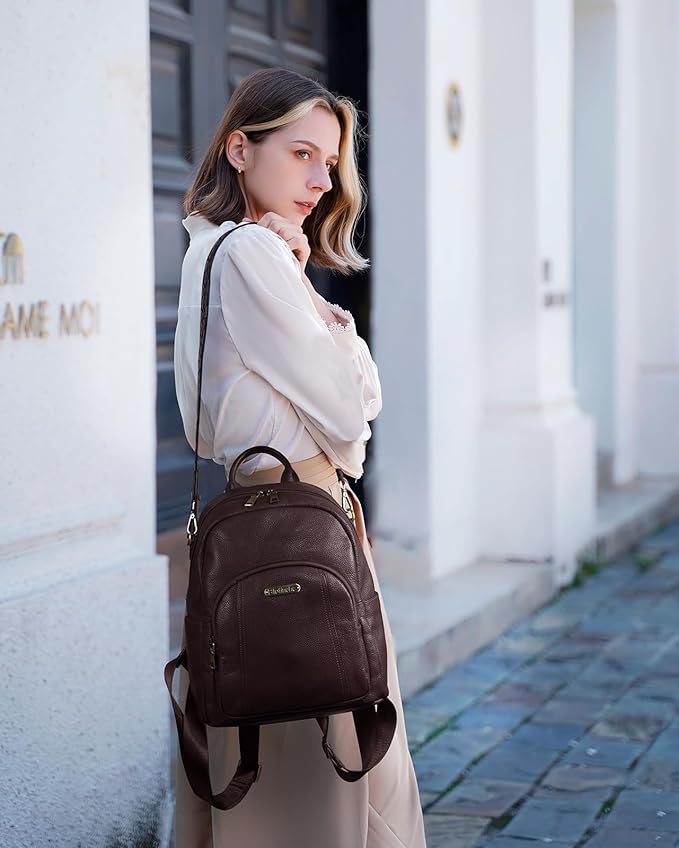 Blofinche Women's Genuine Leather Travel Backpack, 12.9 Inch Laptop Backpack with Anti-Theft Pocket, Durable Computer Bag for Work & Commuting, Coffee Brown