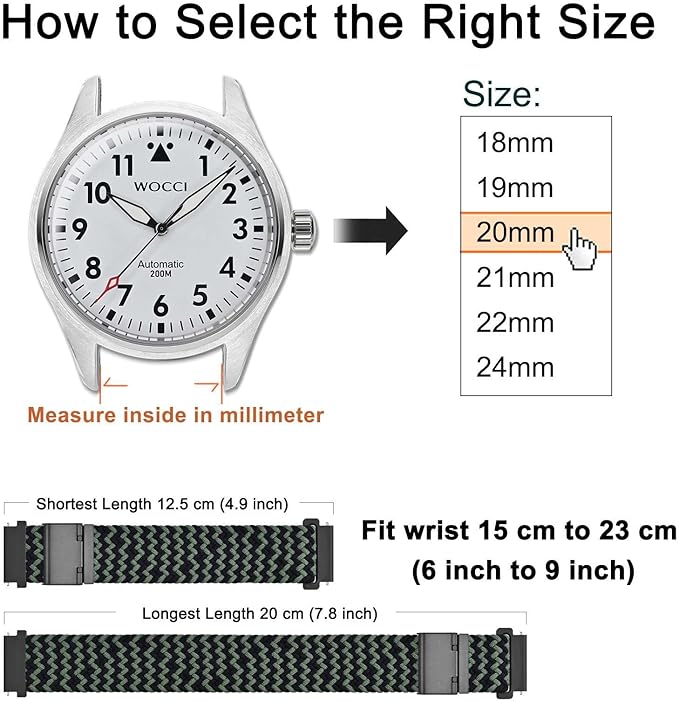 WOCCI 19mm Braided Nylon Watch Band for Men and Women, Quick Release, Black Stainless Steel Buckle (Green Black)
