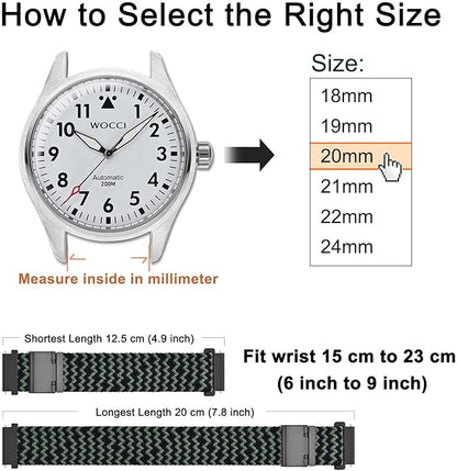 WOCCI 20mm Braided Nylon Watch Band for Men and Women, Quick Release, Black Stainless Steel Buckle (Green Black)