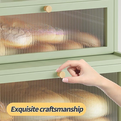Double Layer Bamboo Bread Box for Kitchen Counter, Countertop Bread Storage Container, Bread Container Bread Storage with Window Bread Holder (Green)