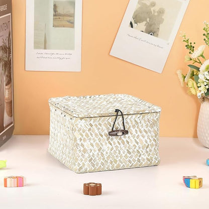 Hipiwe Wicker Shelf Baskets with Lid Handwoven Seagrass Storage Box Decorative Basket Bin Household Organizer Bin for Shelf Bathroom Coffee Table Decor Organizer, X-small