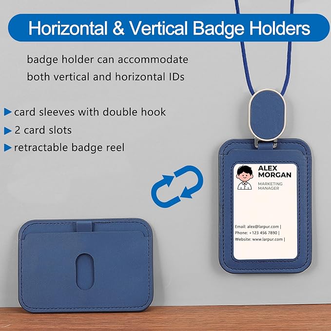 Larpur Retractable Badge Holder with Badge Reel, PU Leather Work ID Card Holder Case for School Office, Blue Key Card Credit Card Holders with Lanyard