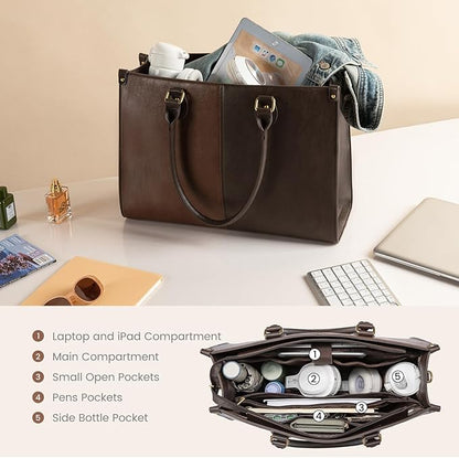 LOVEVOOK Laptop Tote Bag for Women, 15.6 Inch Large Capacity Vintage Leather Work Computer Bag, Business Casual Shoulder Handbag, Brown & Coffee