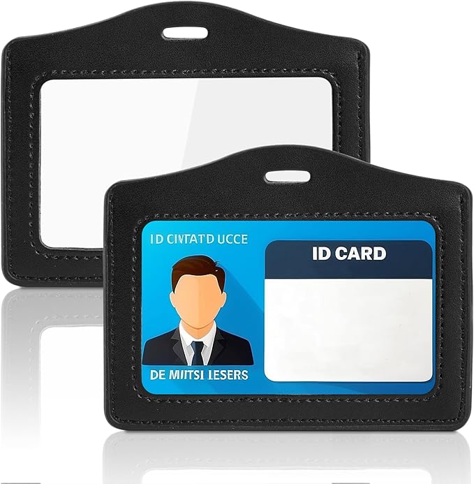 Leather Horizontal Badge Holder 2 Pack Genuine Leather ID Badge Holders Waterproof Name Badge-Holder Horizontal Double-Side Clear Card Holder for Office, Staff, Employees (Black & Black)