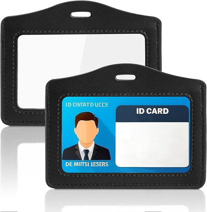 Leather Horizontal Badge Holder 2 Pack Genuine Leather ID Badge Holders Waterproof Name Badge-Holder Horizontal Double-Side Clear Card Holder for Office, Staff, Employees (Black & Black)