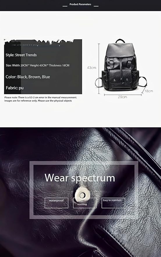 Unisex PU leather laptop bag work business bag hiking backpack leisure day bag university schoolbag (Large,Black 3)
