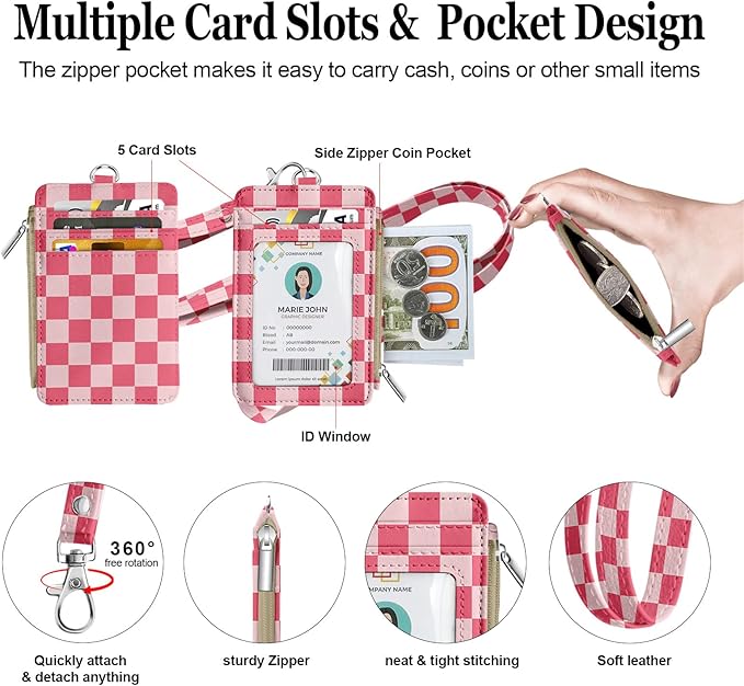 bolimoss Checkered Lanyard Wallet with Id Badge Holder Slim Keychain Wallet for Women Zip Card Holder with ID Window, 5 Card Slots, Side Zipper Coin Purse, Detachable Neck Strap