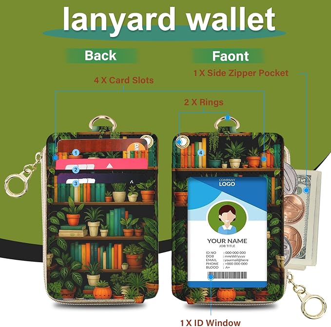 Bookshelf Lanyard Wallet with ID Badge Holder,Small RFID Women Keychain Wristlet,Cute Zipper Credit Pocket Phone Wallet Lanyard Wrist Strap Office Teacher Gift