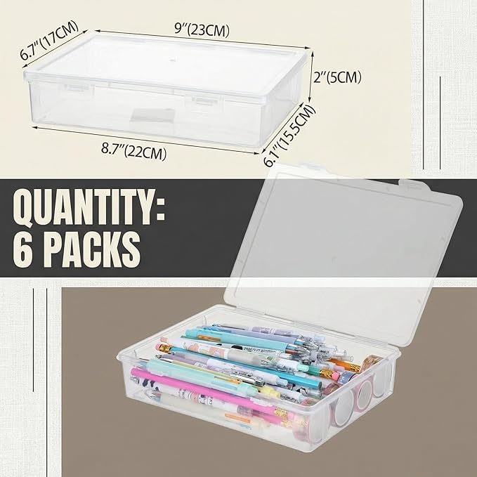 Qunclay 6 Pcs 9 x 8.7 x 2 inches Plastic Storage Box with Lid Multipurpose Craft Organizers Plastic Containers Clear Pencil Case Art Satchel Storage Case for Beads Ornaments Crafts Accessories