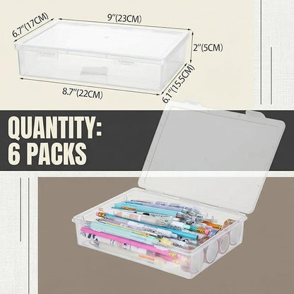 Qunclay 6 Pcs 9 x 8.7 x 2 inches Plastic Storage Box with Lid Multipurpose Craft Organizers Plastic Containers Clear Pencil Case Art Satchel Storage Case for Beads Ornaments Crafts Accessories