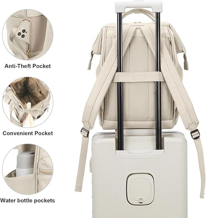 Kah&Kee Leather Laptop Backpack for Women, 14-15 Inch Professional Work Bag, Water-Resistant Vegan Leather Doctor Bag Backpack for Teacher, Nurse & Travel, Fits MacBook Air 15 (Ivory,Medium)