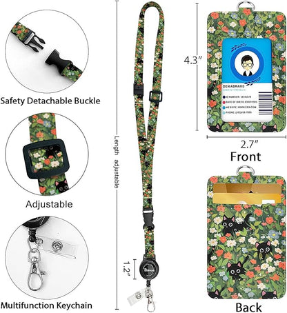 bolimoss Black Cat Lanyard with ID Holder, Cute Flower Leather ID Name Badge Card Holder with Adjustable Retractable Lanyards, Breakaway Lanyards with Swivel Metal Clasp for Women Nurse Teacher