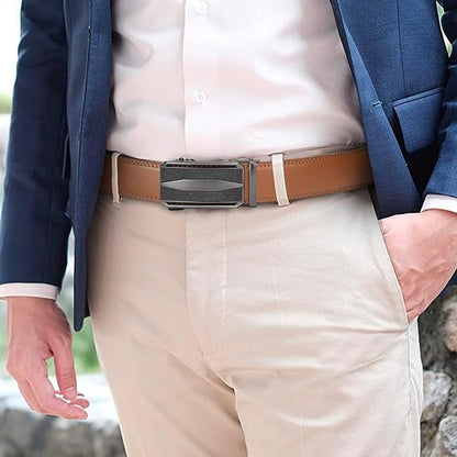 SENDEFN Men's Leather Belt Automatic Ratchet Buckle Slide Belt for Dress Casual Trim to Fit with Gift Box