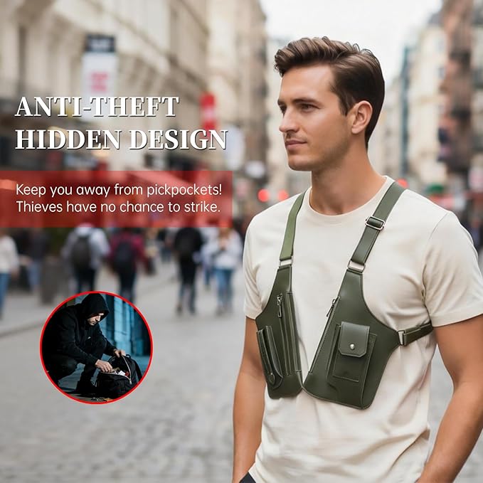 Double Shoulder Armpit Bag for Men, Anti-Theft Underarm Shoulder Holster Bag with Adjustable Strap, Hidden Phone Wallet Pocket for Travel & Daily Commute (Army Green)