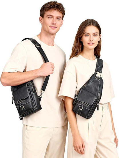 Genuine Leather Hiking Travel DayPack Sling Crossbody Triangle Chest Pack Bag For Men Women 8241 (8241 Dark Black)