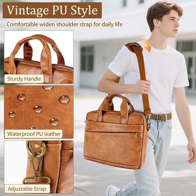 Faux Leather Messenger Bag for Men 17.3 Inch: Laptop Bag Briefcase Computer Handbags Shoulder Crossbody Bag with Padded Laptop Sleeve for Work College Travel, PU Brown