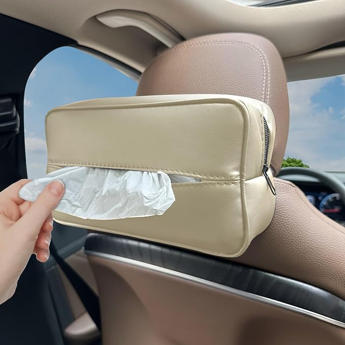 Witaxima Large Car Tissue Holder for 120 Standard Tissues, Premium PU Leather Tissue Holder in Car Backseat Rectangular, Napkin Holder for Car Fits for Kleenex Tissues Box Daily Use Black (1, Beige)