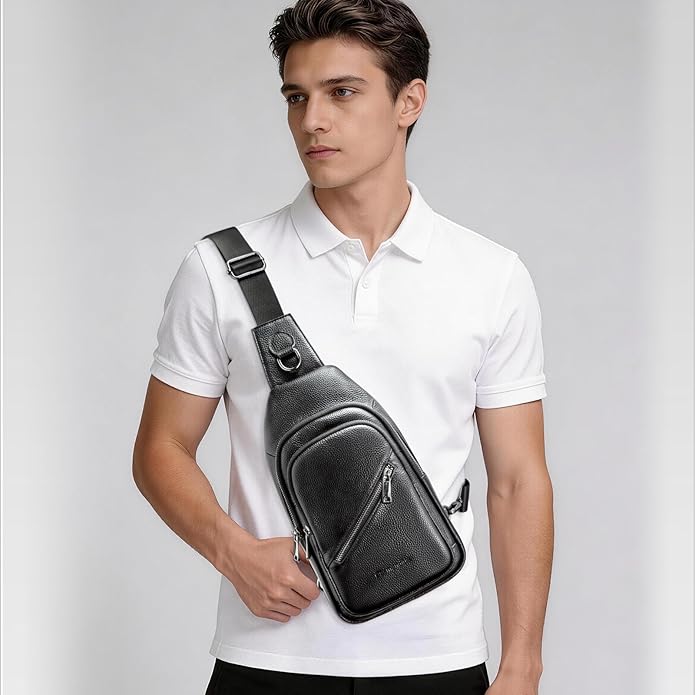 Leather Sling Bag Crossbody Bags for Men, Chest Pack for Daily Travel Leisure Sport（Black/Brown）