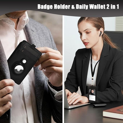 2-in-1 Airtag Badge Holder & Slim Minimalist Front Pocket Wallet, PU Leather ID Badge Card Holder with Zipper Pocket & 1 Clear ID Window & 2 Credit Card Slot & 1 Lanyard