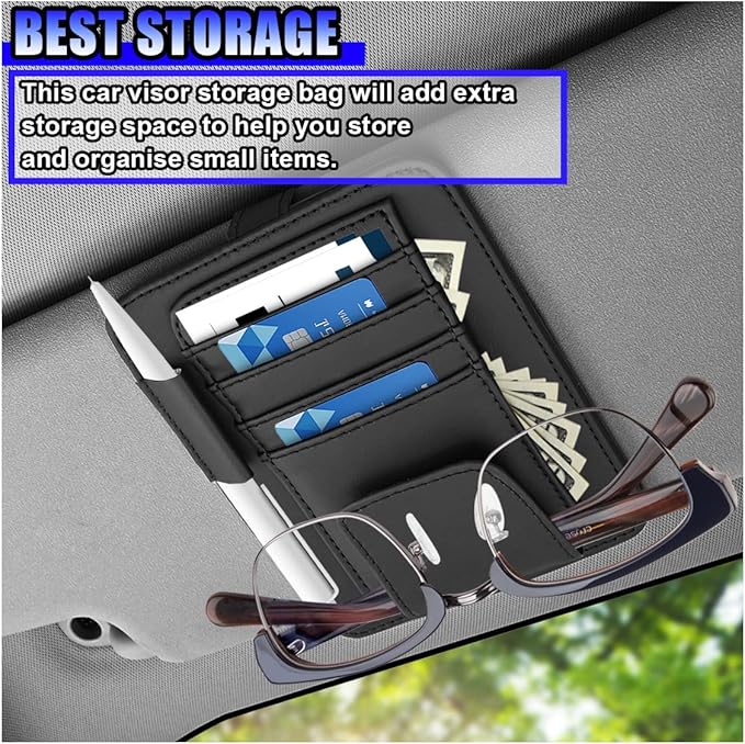 Leather Car Sun Visor Organizer, Multifunctional Auto Visor Document Holder with Sunglasses Clip, Universal Vehicle Interior Pocket Storage Accessories for Drving License, Card, Pen (Black)