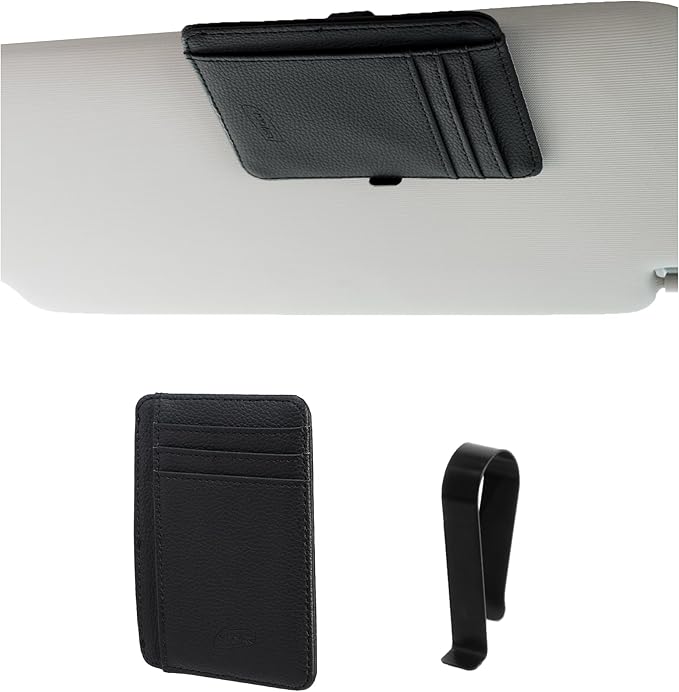 Yuoyar Magnetic Card Holder for Vehicle - Minimalist Leather RFID Blocking Credit Card Holder - Travel Wallets for Car Visor Organizer (Black)