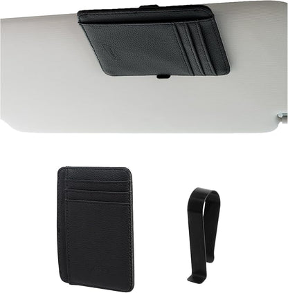 Yuoyar Magnetic Card Holder for Vehicle - Minimalist Leather RFID Blocking Credit Card Holder - Travel Wallets for Car Visor Organizer (Black)
