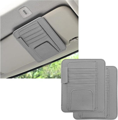 Dickno 2PCS Small Leather Car Sun Visor Organizer, Multifunctional Auto Visor Document Holder with Sunglasses Clip, Universal Car Interior Organizer for Drving License, Card, Pen (Gray)