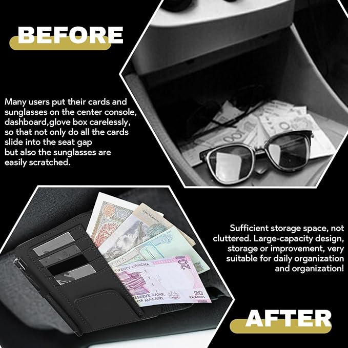 Car Sun Visor Organizer, Multifunctional Auto Visor Document Holder with Sunglasses Clip, Universal Car Interior Accessories Organizer for Drving License, Card, Pen (Black)