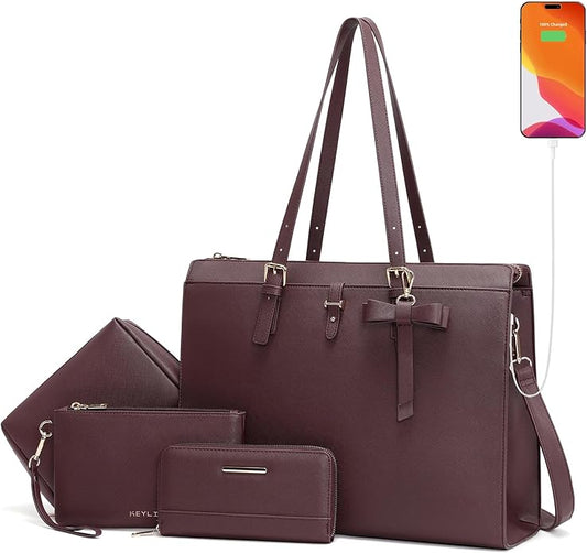 Keyli 4pc Sets Laptop Bag for Women Large Leather Laptop Briefcase with USB Charging Port Computer Shoulder tote Bags Purse